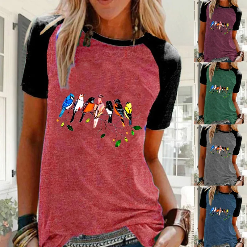 

S-5XL Plus Size Women's Summer Fashionbirds Printed Short Sleeve Round Neck Blouse Tops Loose Casual Raglan T-shirts