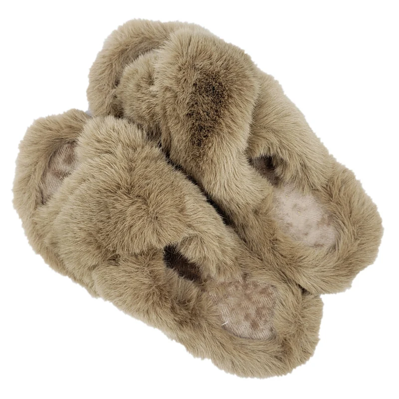 

Winter House Women Fur Slippers Fashion Cross Band Warm Plush Ladies Fluffy Shoes Cozy Open Toe Indoor Fuzzy Slides For Girls