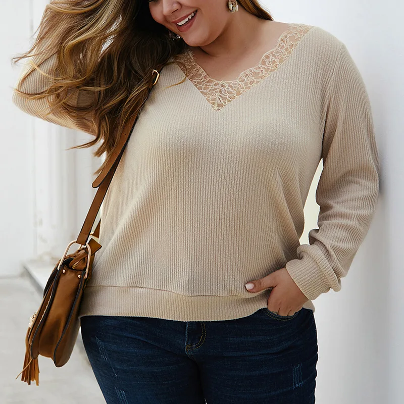 Women plus size 3xl 4xl sweater knitted winter sweaters women's long sleeve v-neck lace pullover large | Женская одежда