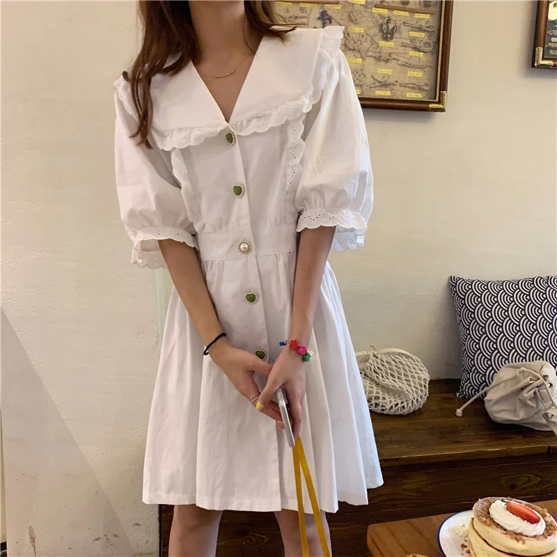 

Lace Up Summer Women's Clothing Short Dresses White Sweet Style Fashion Brand Loose Peter Pan Collar Dresses New Vestidos Verano