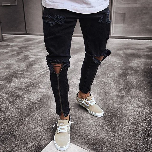 

High street men's knee zipper big slim little black hole beggar wear jeans pants man