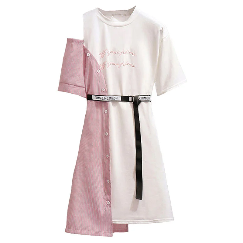 

Summer Patchwork T Shirt Dress Women Korean Off Shoulder Dress Sashes Streetwear Plus Size Fake Two Piece dress