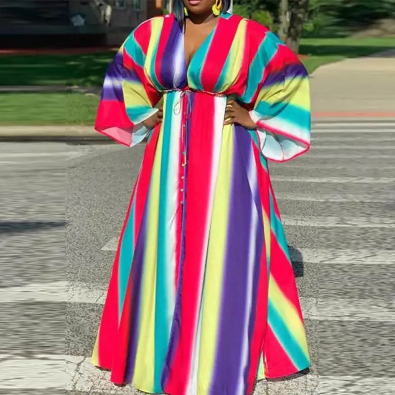 

Autumn Sexy Deep V Neck Pleated Long Sleeve Dress VONDA Women 2021 Casual Baggy Printed Striped Dresses Bohemian Vestidos Femme