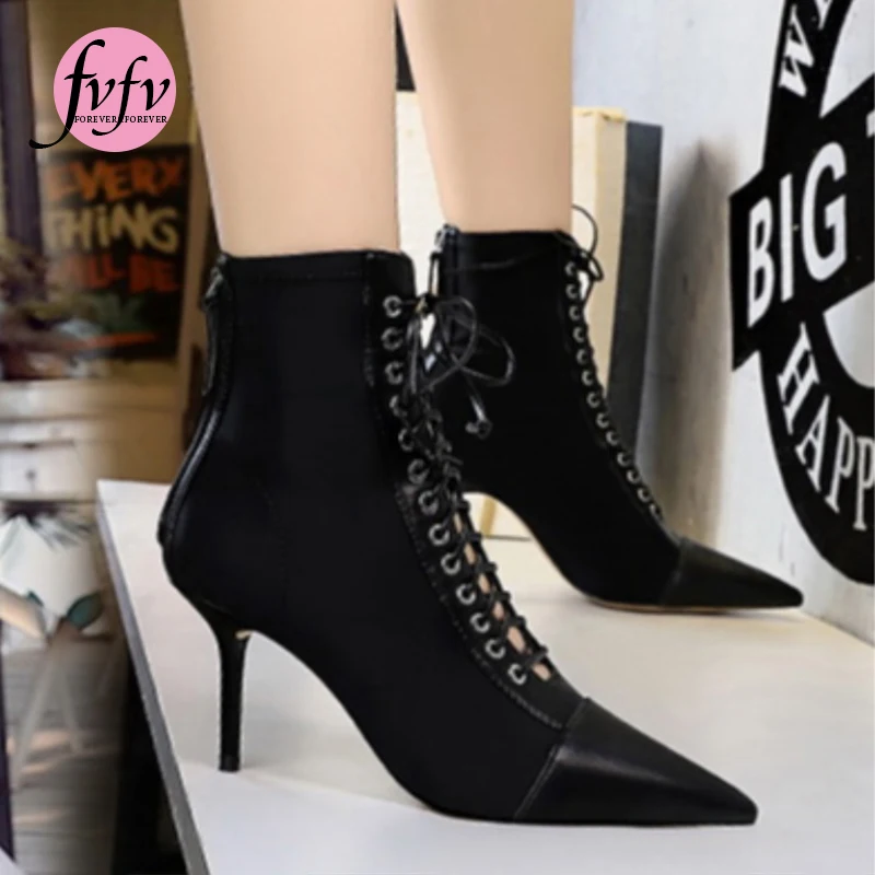 

[fvfv]Women pointed Ankle Boots Female Retro High Heels Fine with 2021 Fashion Sexy Lace-Up Pumps Ladies party Shoes Plus Size41