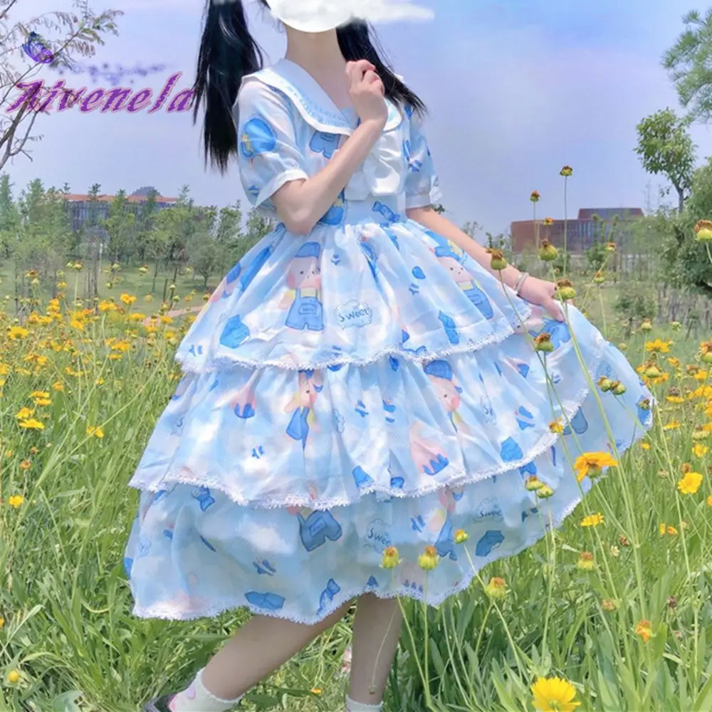 Женское летнее платье с принтом синее воротником и оборками AFC668 | Тематическая