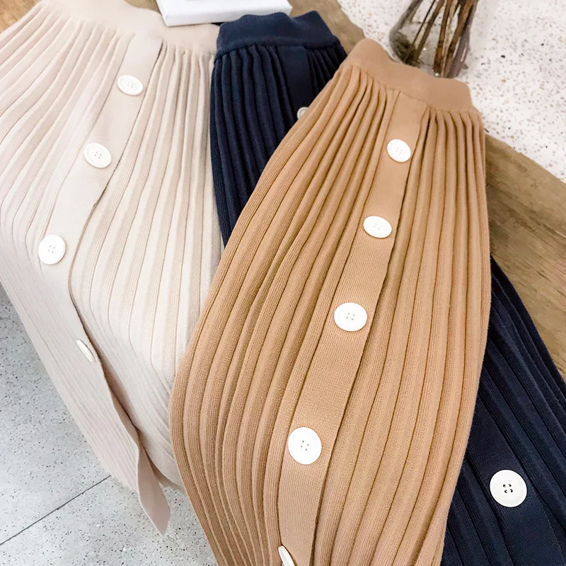 Осенне-зимние эластичные юбки с высокой талией для женщин s Faldas Mujer Moda Jupe вязаные плиссированные юбки женские тонкие юбки на пуговицах