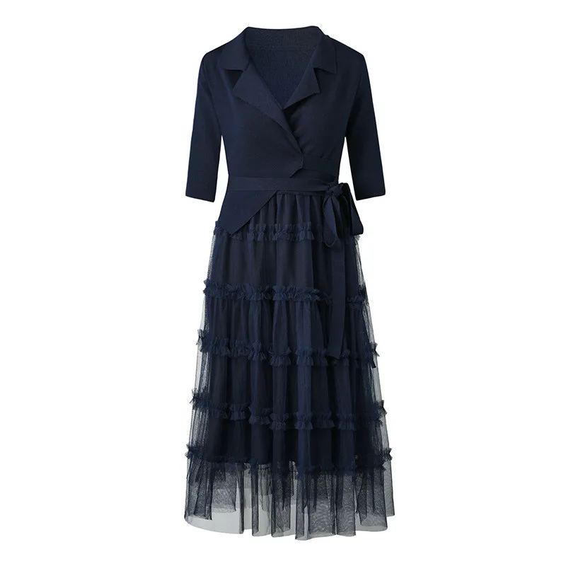 

Spring Summer Dress Women Knitted Mesh Stitching Fake Two Piece Navy Blue Midi Maxi Elegant Fashion Fairy Evening Party Dresses