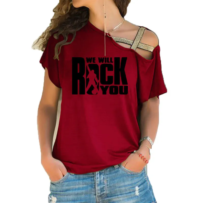 We Will Rock You, женская футболка, летняя, queen, рок-группа, футболка, короткий рукав, хлопок, рок-ролл, для женщин, с неровным перекосом, крест, топы - Цвет: 8