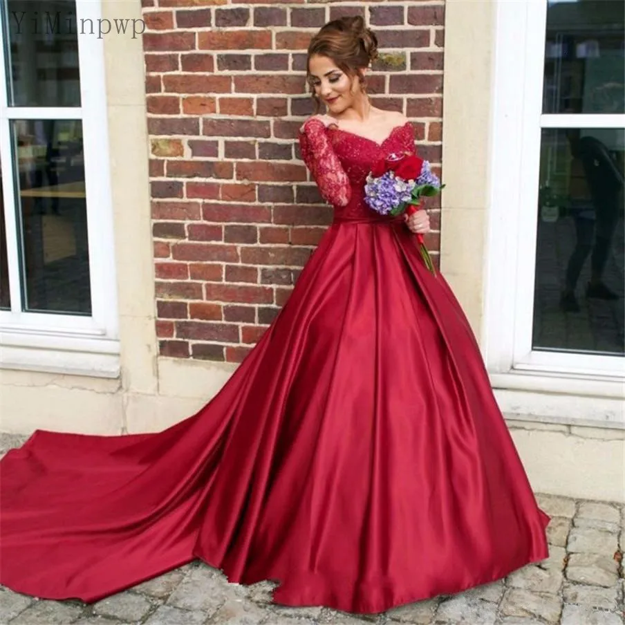 

YiMinpwp Dark Red Wedding Evening Dresses Sheer Neck Long Sleeve Sweep Train A Line Appliques Illusion Bodice Women Prom Gowns