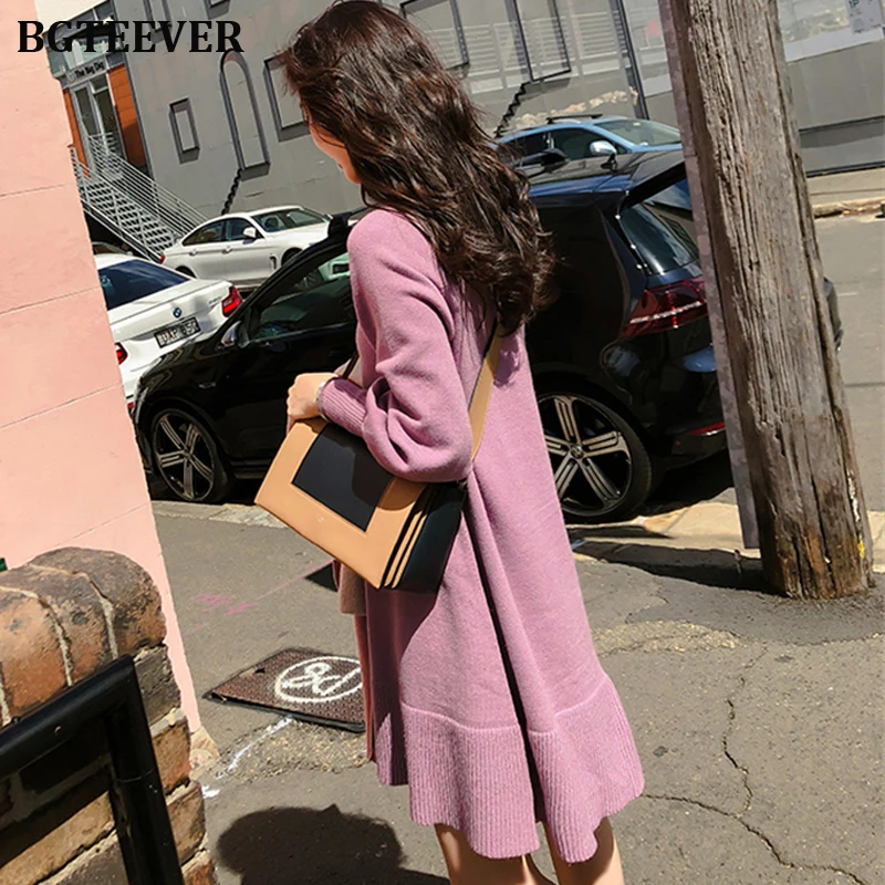 Повседневное женское платье-свитер с круглым вырезом и рукавом-фонариком