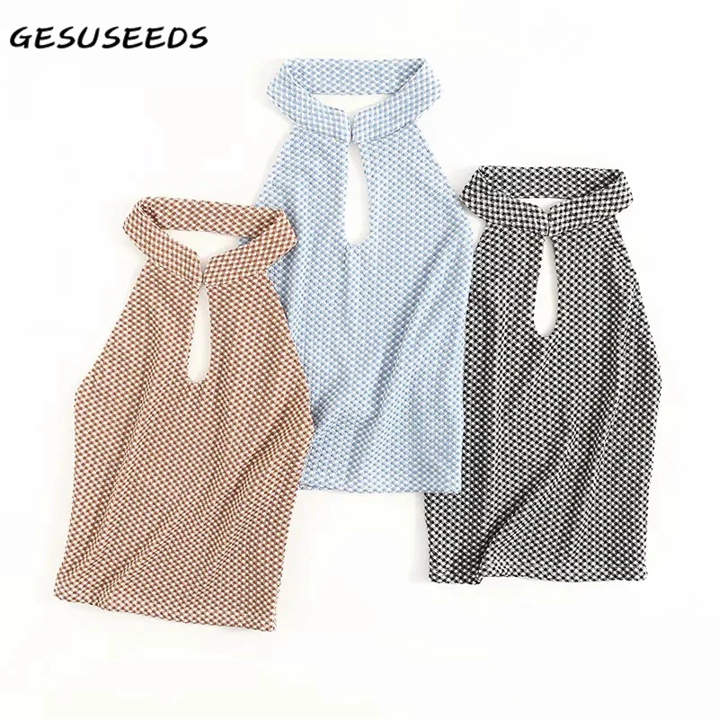 

Sexy backless top women summer tank top fashion sleeveless tops vintage houndstooth tops halter hollow out black crop top blue