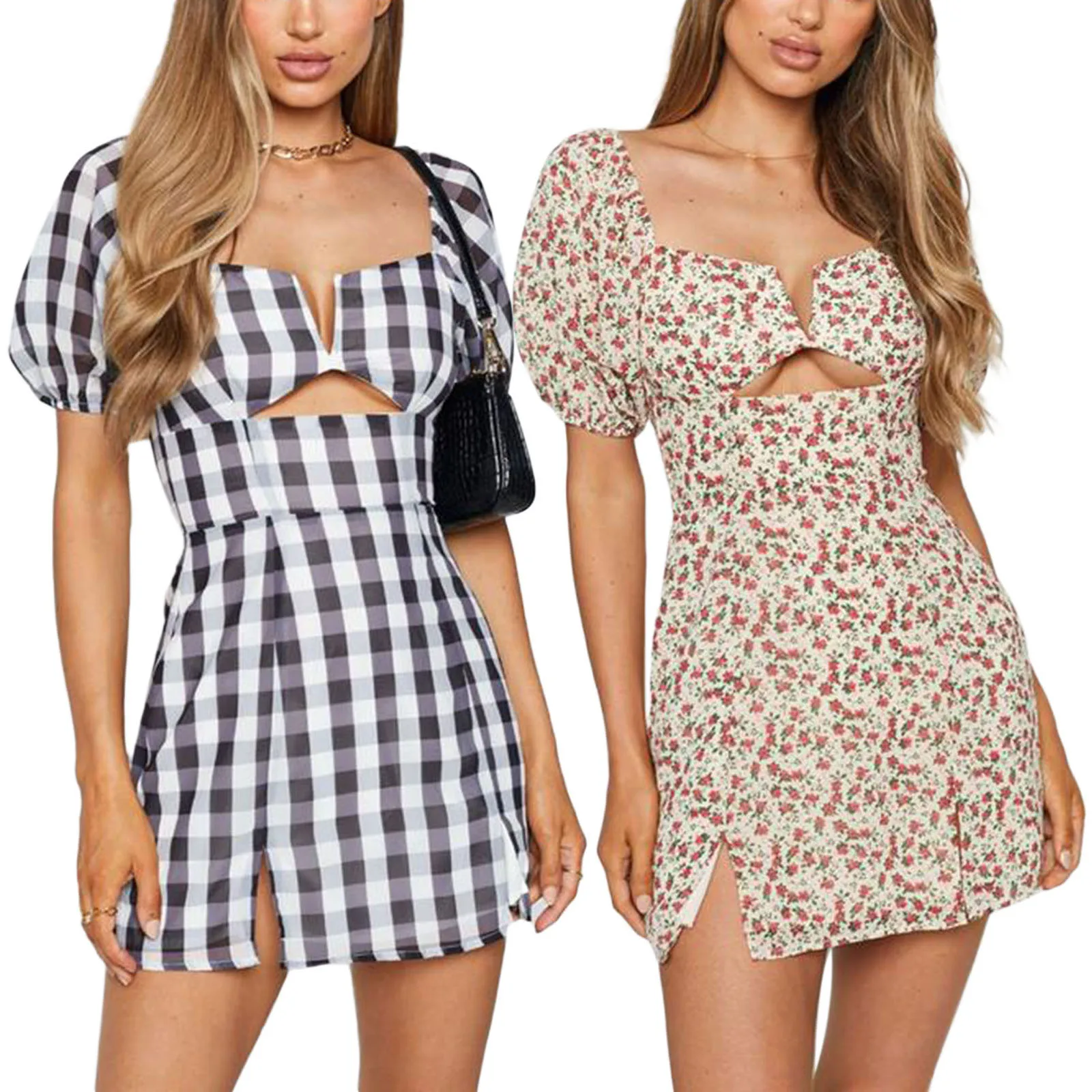 

Женское Повседневное платье в клетку/с цветочным принтом, с квадратным вырезом и коротким рукавом, Размеры S/M/L/XL