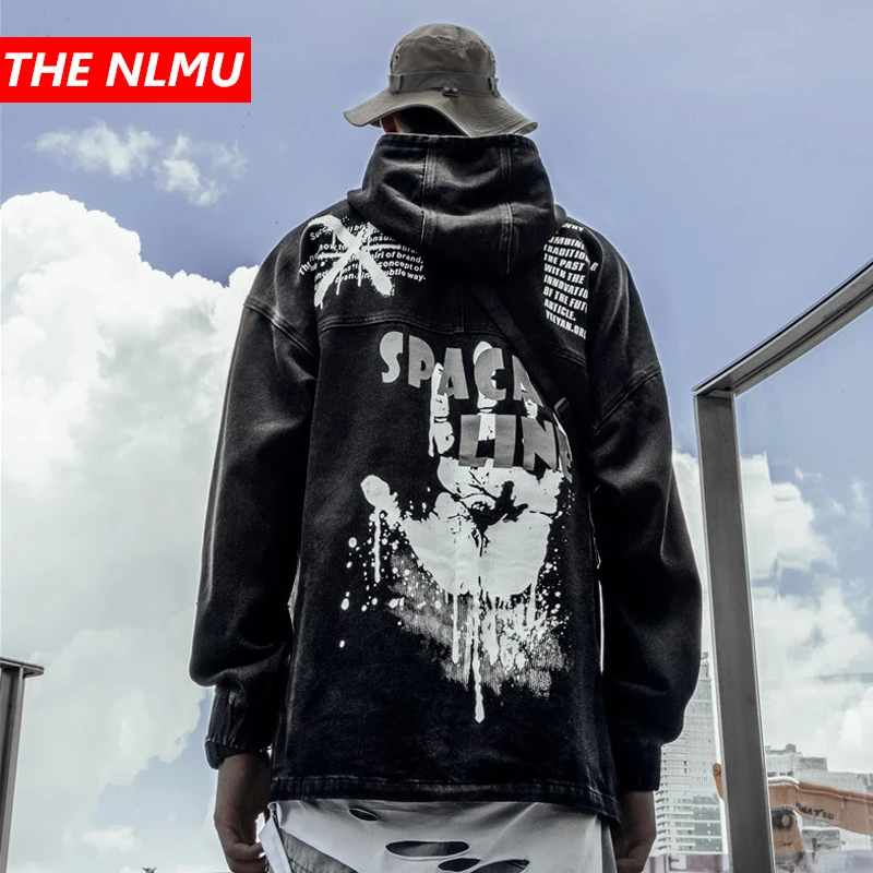 Черные джинсовые куртки с принтом в стиле хип хоп пуловер Мужская Уличная одежда