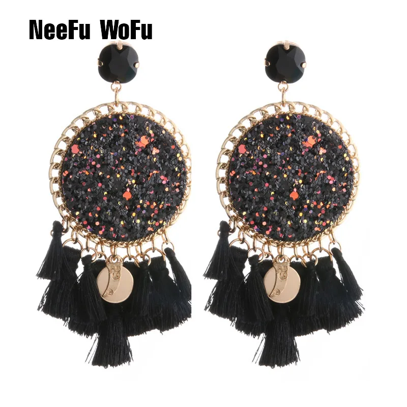 Богемные серьги-кисточки NeeFu WoFu большие серьги из блестящей кожи длинные