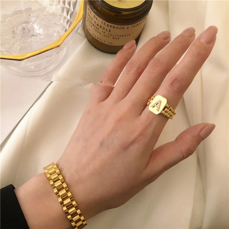 

2021 Trendy Hiphop Adjustable 18k Gold Plated AAA Zircon A-Z Letter Ring Watchband Square Statement Gold Initial Rings For Women