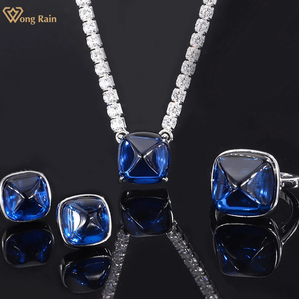 

Wong Rain Elegant Vintage 925 Sterling Silver Sapphire Created Moissanite Gemstone Earrings/Pendant/Necklace/Ring Jewelry Set