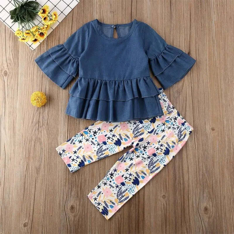 

Toddler Kid Baby Girl Outfits Clothes Denim Tops Floral Leggings Pants