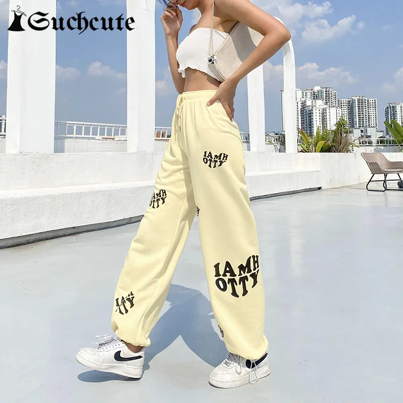

SUCHCUTE Letter Print Women Tie Feet Pants Hight Wiast Casual Korean Fashion Joggers Harajuku Sweatpants Streetwear Trousers 90s