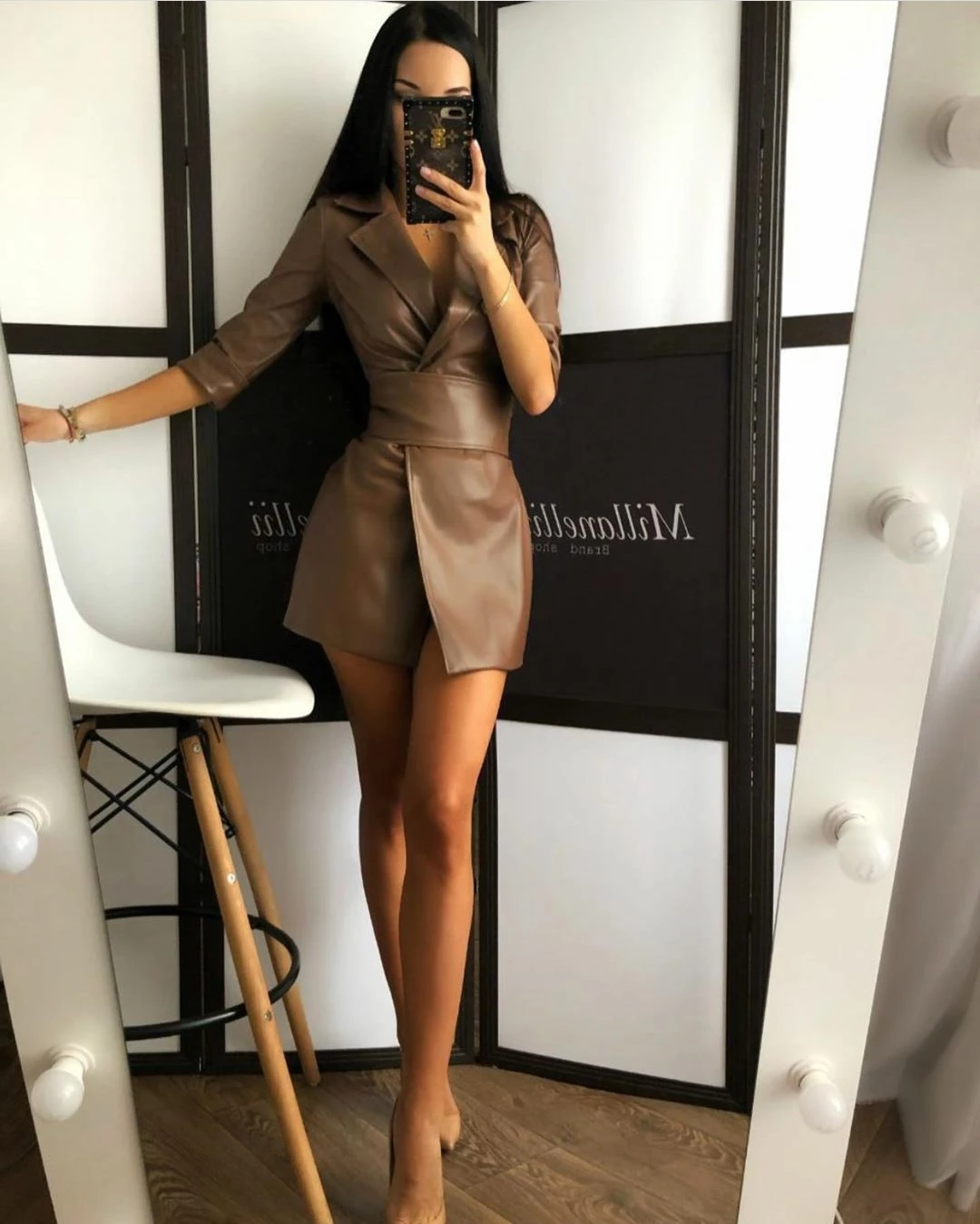 

Women's Sexy Slim Leather Mini Dress Solid Color Half Sleeve Lapel Elegant Temperament Trendy Wild Dress with Belt Streetwear