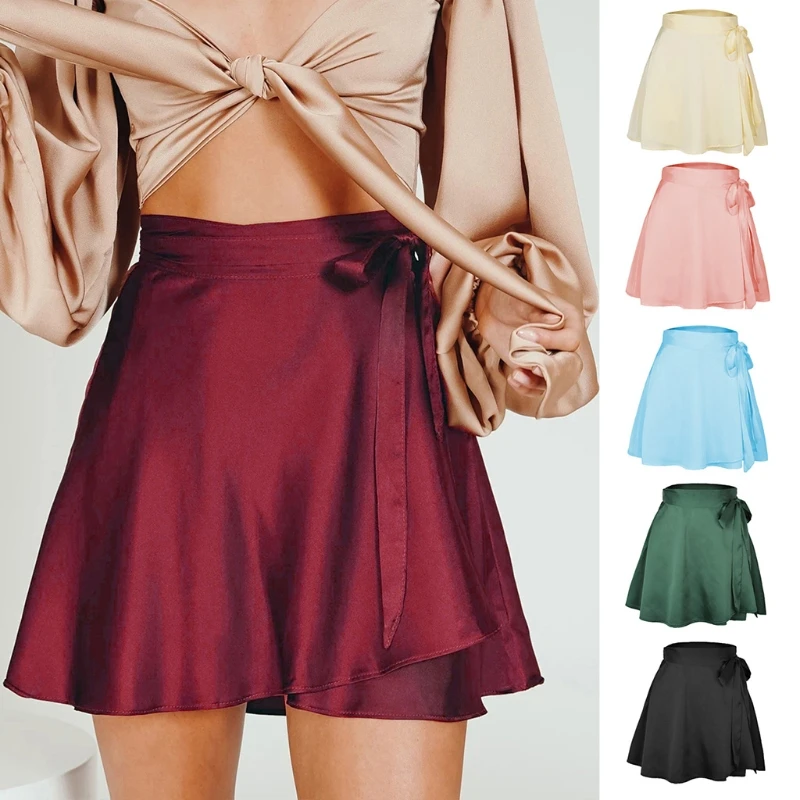 

Women Summer High Waist Chiffon Satin Wrap Pleated Mini Skirt Tie Side Solid Color Flared Asymmetrical Hem A-Line Casual Overlap