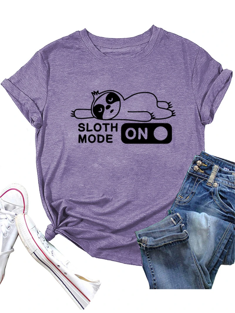 Cute women's T-shirt bottoming shirt Simple letters women's shirt cartoon SLOTH MODE ON casual short-sleeved O-neck