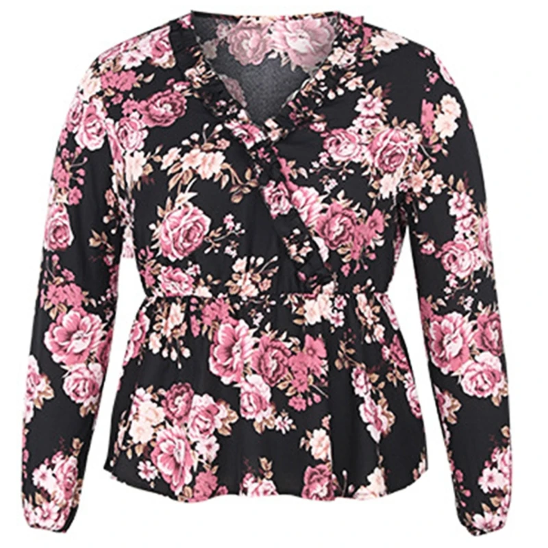 

Women's plus size fat MM long-sleeved short commuter shirt, chiffon shirt, printing shirt H05D