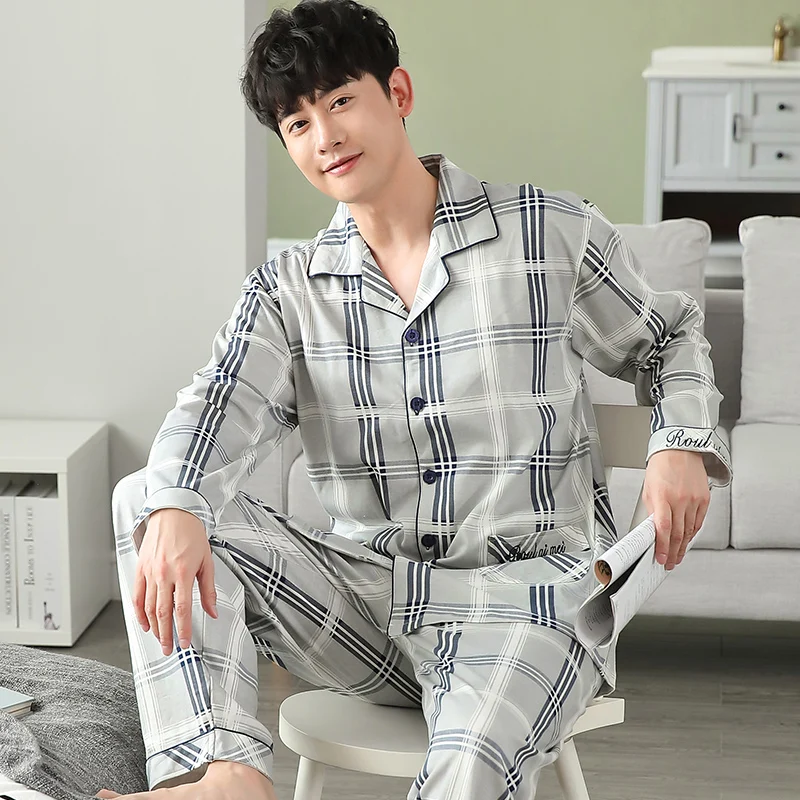 Пижамный комплект мужской из хлопка двух предметов пижама с длинным рукавом и