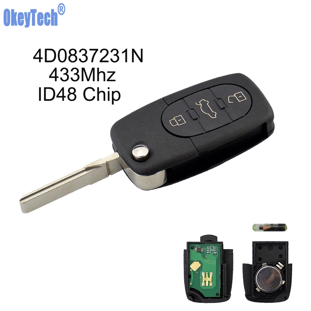 

OkeyTech for Audi A2 A3 A4 A6 A8 TT Quattro Remote Control Flip Folding Key 433Mhz ID48 Chip 3 Button 4D0837231N Uncut HAA Blade