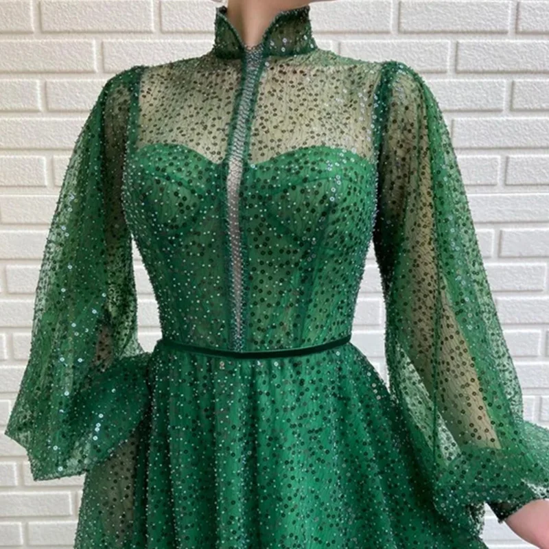 

Green Sequins Evening Dresses High Neck Long Sleeves A-line Prom Gowns Tulle Formal Party Dress 2020