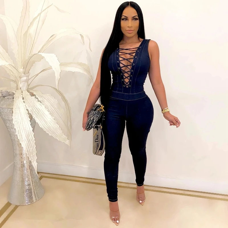 

Весенний облегающий джинсовый комбинезон, женская одежда, пикантный комбинезон на шнуровке без рукавов, уличная одежда, Клубная одежда, бандажные комбинезоны, женский комбинезон