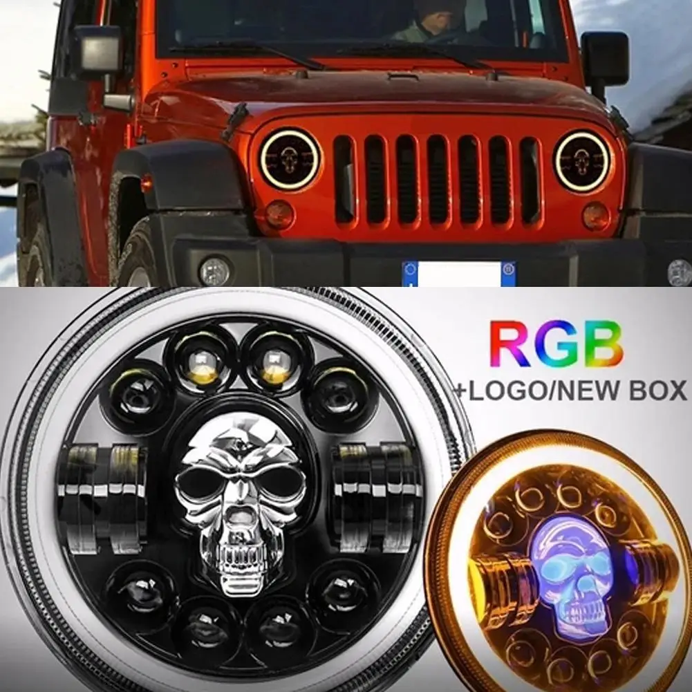 New 7In 12V Skeleton LED Headlights DRL Hi/Lo Beam H4 180W Halo Ring Amber Angel Eye For Jeep Wrangler UAZ Hunter | Автомобили и
