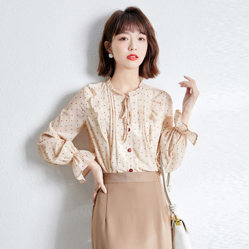 Women's Blouse 2020 Summer Vintage Fashion Ruffles Lace-Up O-Neck Polka Dot Print Chiffon Shirts Office Lady Elegant Tops