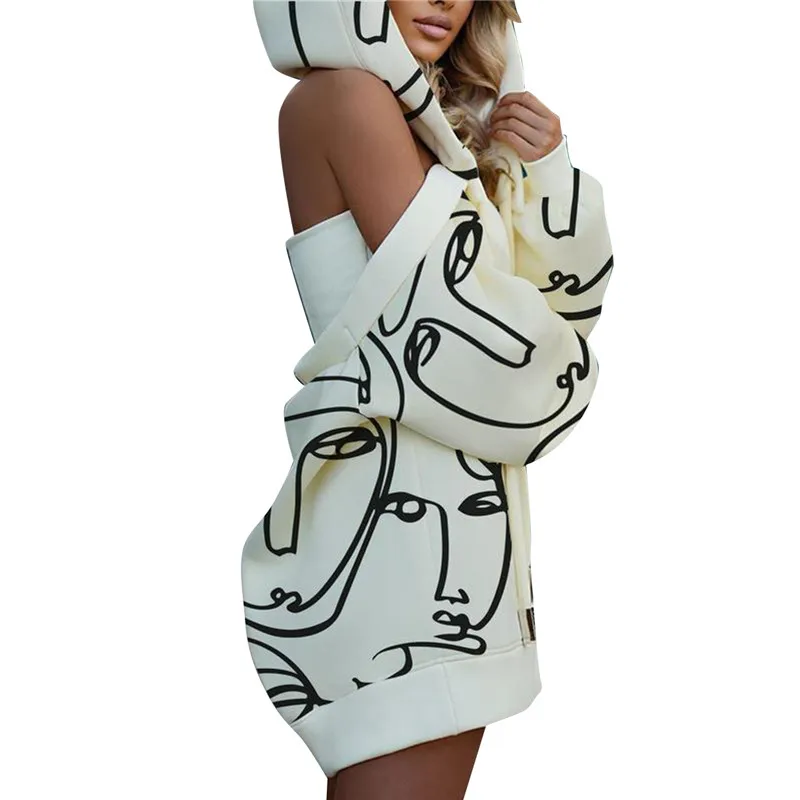 

Women's Autumn Winter Dress Spring Off-Shoulder Long Sleeve Boat Neck Tummy Control Patchwork Printed Hooded Short Dress Clothes