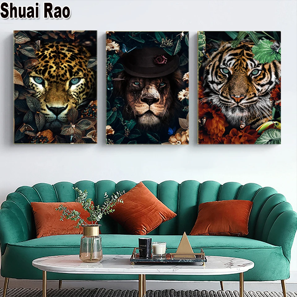 Триптих бриллиантовой живописи Джунгли Животные Тропическое искусство на стену Лев Тигр Леопард Птицы Пейзаж вышивка крестом Домашний декор.