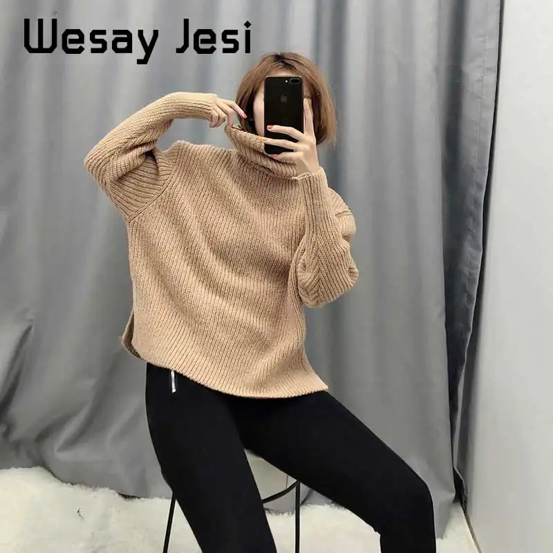 Женский трикотажный свитер с высоким воротником однотонный повседневный