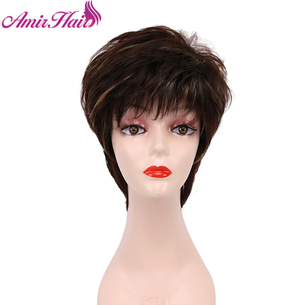 

AMIR Short Straight Ombre Brown wigs Synthetic Hair Wig With Bangs For Women Daily Wig