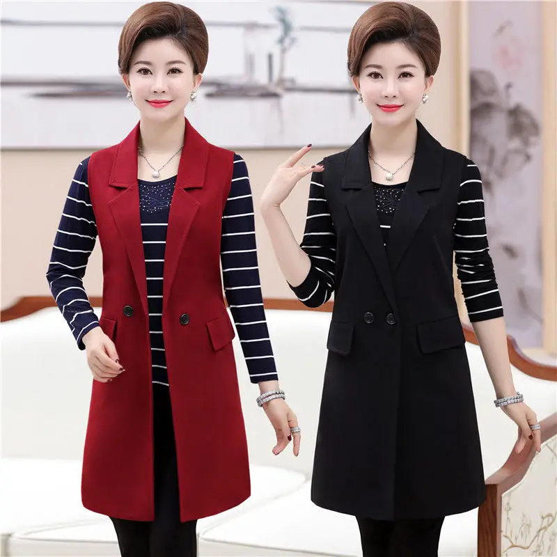 

2020 New Spring Elegant Fashion Mom's Vest Long Women's Sleeveless Jacket Cotton Vest Coat Long Waistcoat Plus Size5XL A203