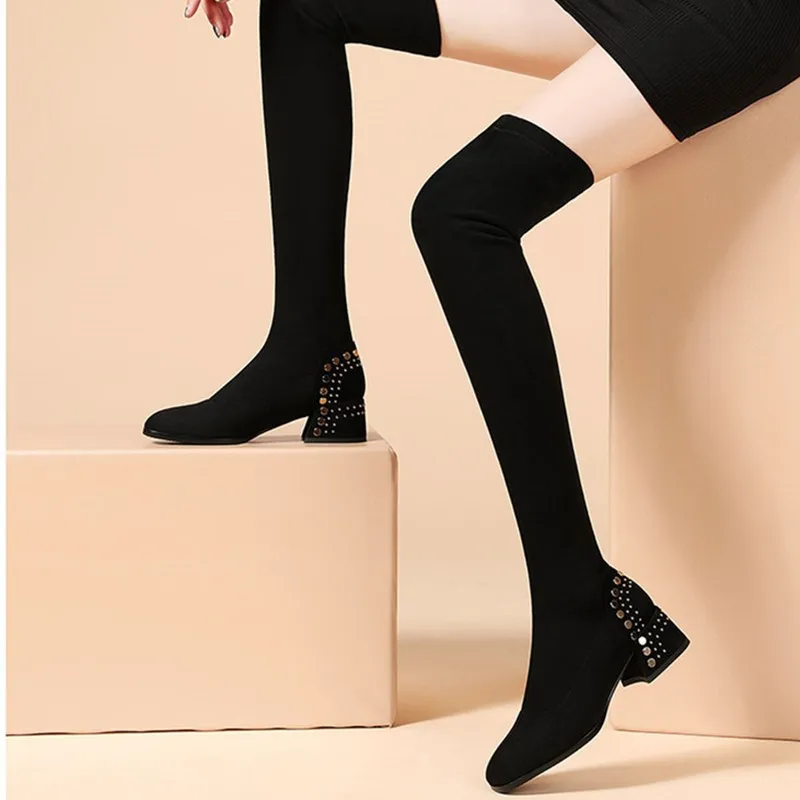 

Long boots women's autumn and winter new thick heel sexy skinny legs tall thin skinny boots stretch knee boots fashion all-match