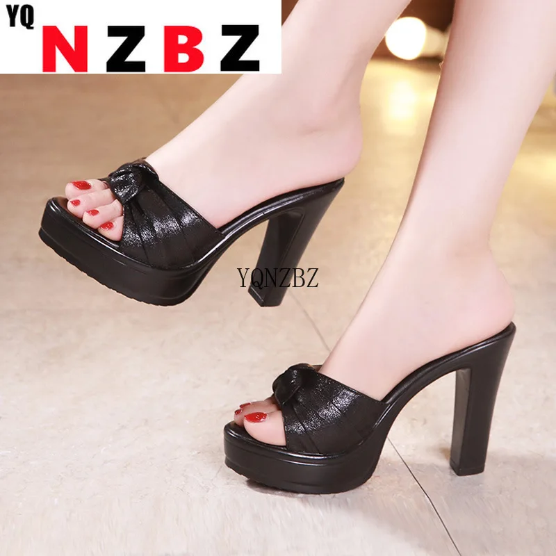 

Block Heel Platform Slippers Women Wedding Shoes Gold Red Summer High Heels Slides Ladies Office Shoe