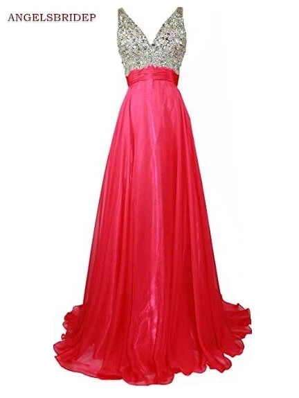 

ANGELSBRIDEP A-Line Long Evening Party Gowns 2021 Vestidos De Festa Sparkly Crystal Floor-Length Backless Chiffon Prom Dress