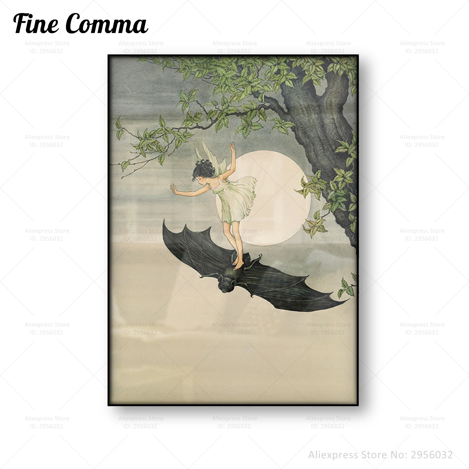 

Vintage Fairy Tale Illustration Fairy Riding a Bat Wall Art Canvas Print Woodland Picture Painting Full Moon Antique Witch Art