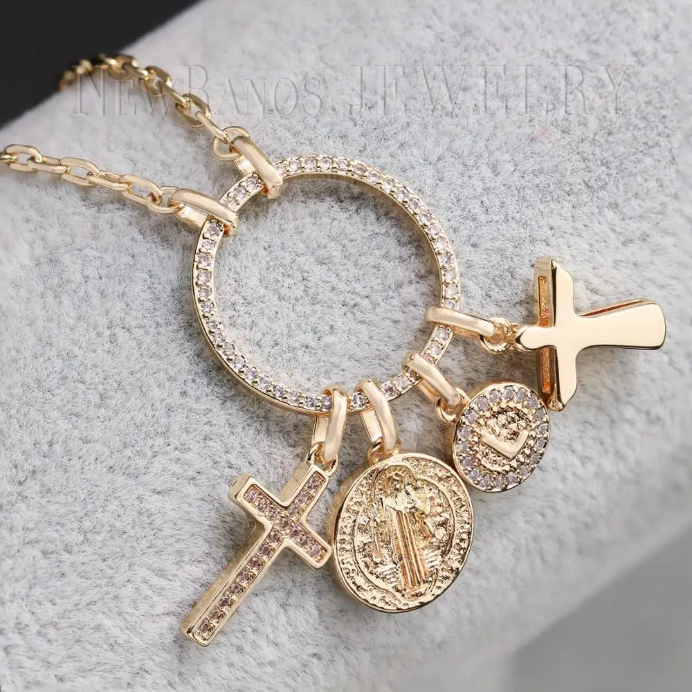 Длинное круглое ожерелье с цепочкой двойным крестом из фианита золотого цвета