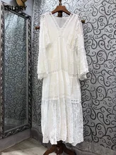 Vestido largo de encaje con manga acampanada y cuello de pico para mujer, vestido bordado de Lúrex, gran oferta, primavera y verano, 2021 (2)