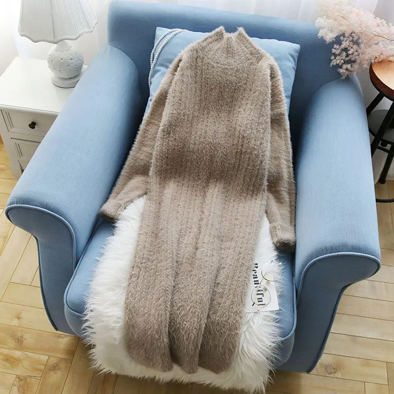 Long Sweater Women Soft Mohair Pullover Half Turtleneck Dress Pull Femme Winter Clothes Warm Sweaters Jumper C5717 | Женская одежда