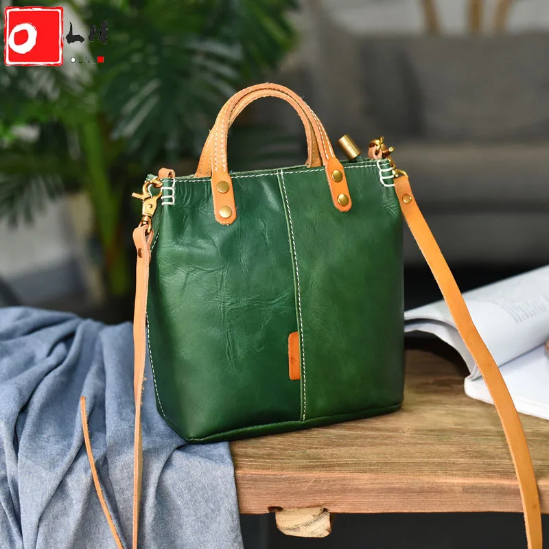OLN Designer Shoulder Bag for Women Luxury Vegetable Tanned Leather Female Tote Bags Casual Vintage Crossbody Handbag 2021 New