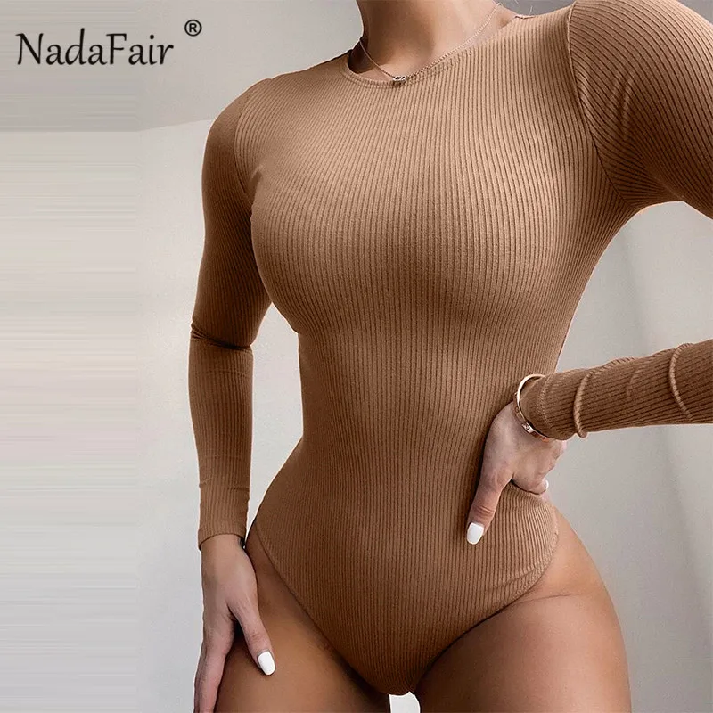 Nadafair зимнее трикотажное боди для женщин с длинным рукавом Ребристое осеннее