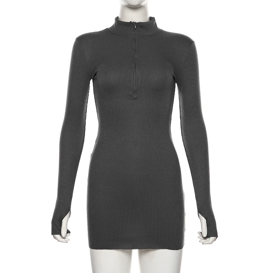 

Autumn Winter Stretch Slim Soft Ribbed Knitted Turtleneck Dress Woman 2021 Fashion Solid Black Casual Bodycon Zip Dress