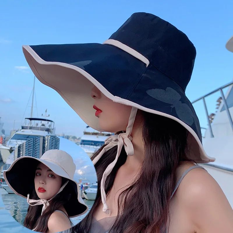 

Summer Lady Caps New Bucket Hat for Women Soft Cotton Solid Color Big Wide Brim Outdoor Sun Hats Portable Foldable Panama Cap