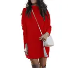 Теплое женское платье-свитер, однотонный вязаный пуловер, топы, осенне-зимнее длинное мини-платье с круглым вырезом для офиса, женская одежда