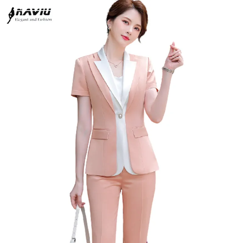 High Quality Suits New Summer Fashion Women Temperament Double-layer Design Short Sleeve Formal Slim Blazer And Pants Work Wear